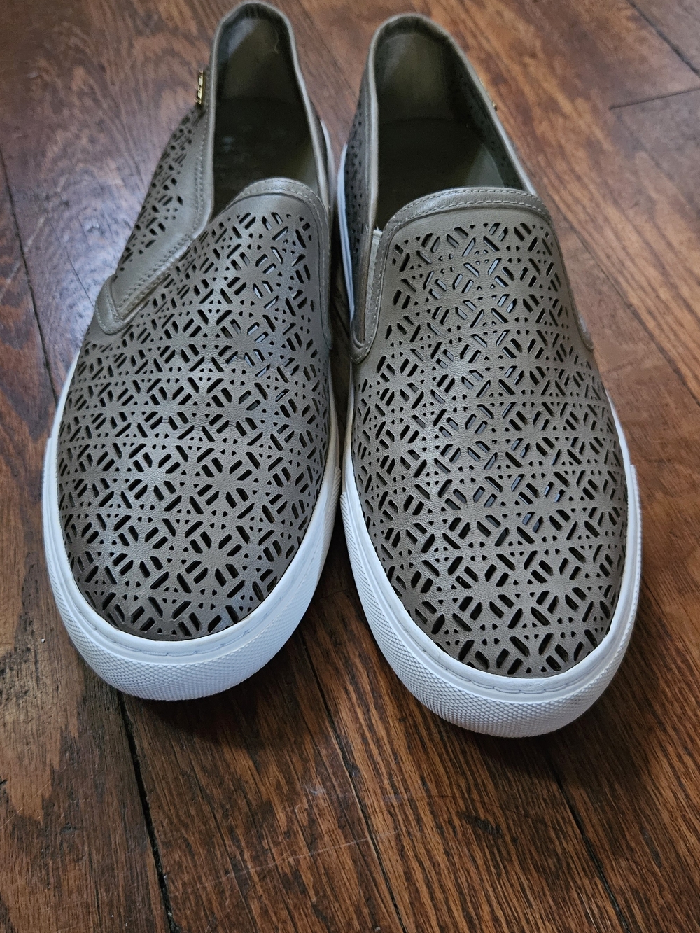 Tory Burch Taupe Laser-Cut Boat Shoes with White Sole, Size 8